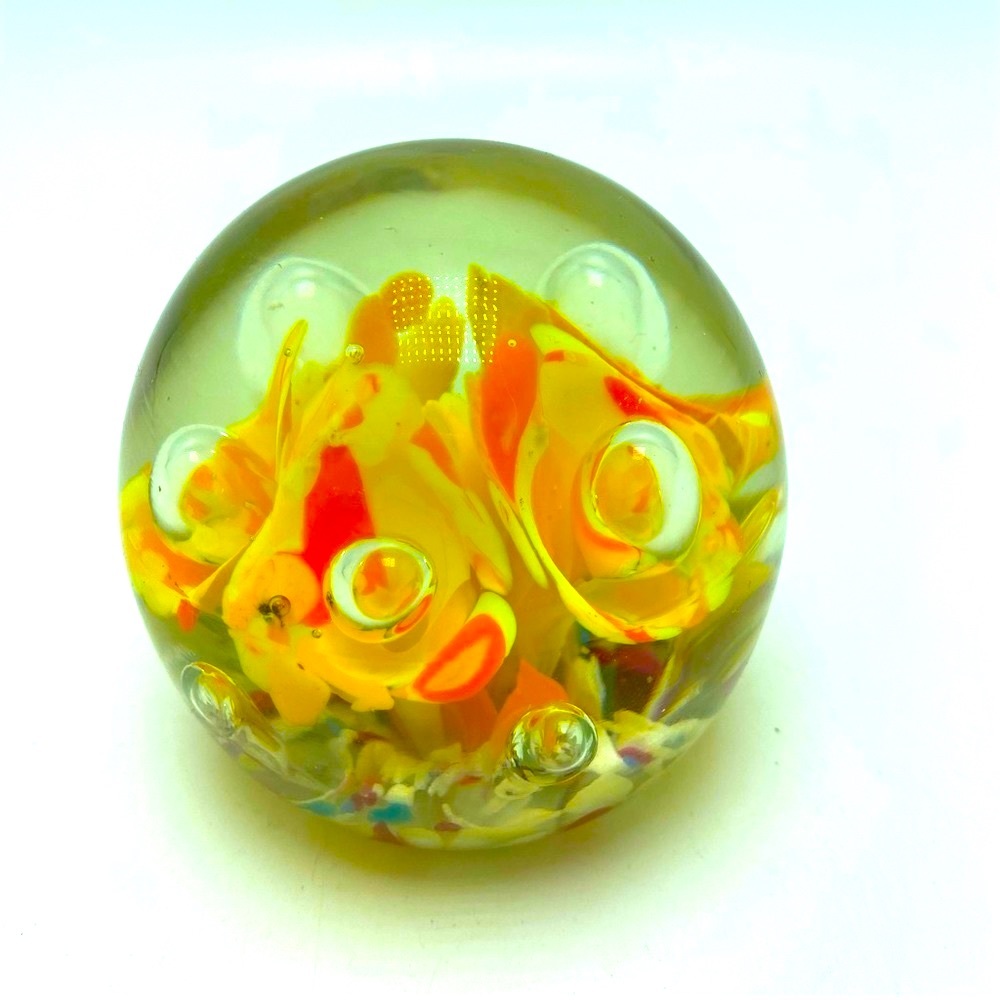 Vintage Joe StClair Hand Blown Glass Paperweight with Yellow Icepick Flowers